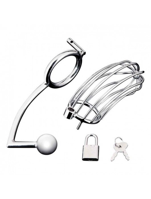 Серебристая металлическая клетка с анальным стимулятором Cock Cage - BlueLine - купить с доставкой в Рязани