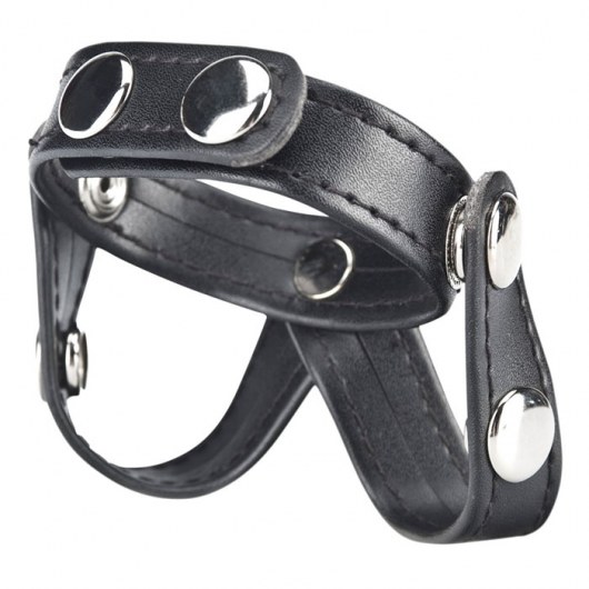 Кольцо на пенис с разделителем мошонки из искусственной кожи на клепках V-STYLE COCK RING - BlueLine - в Рязани купить с доставкой