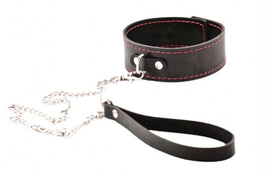 Черный широкий ошейник с красной строчкой и поводком - Crazy Handmade - купить с доставкой в Рязани