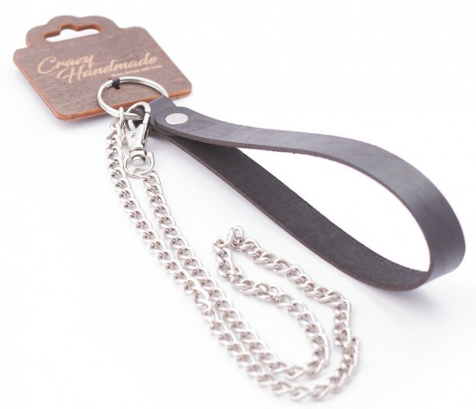 Серебристый металлический поводок с кожаной черной ручкой - 80 см. - Crazy Handmade - купить с доставкой в Рязани