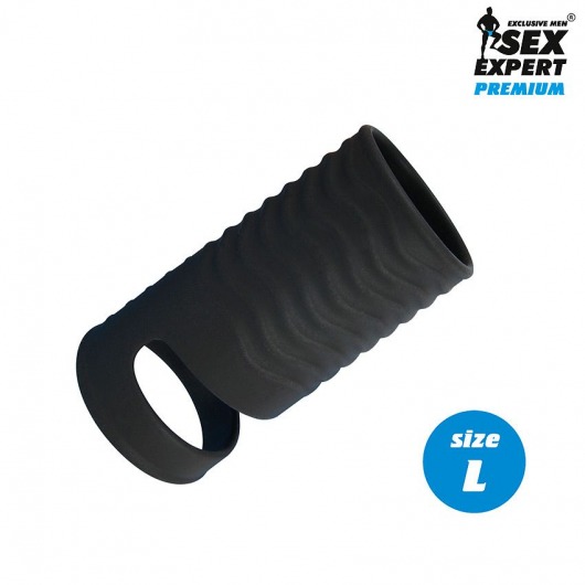 Черная открытая насадка на пенис с кольцом для мошонки L-size - 8,5 см. - Sex Expert - в Рязани купить с доставкой