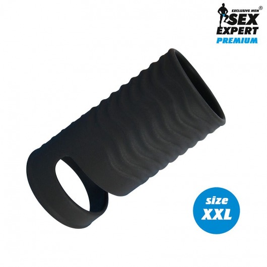 Черная открытая насадка на пенис с кольцом для мошонки XXL-size - 9,4 см. - Sex Expert - в Рязани купить с доставкой