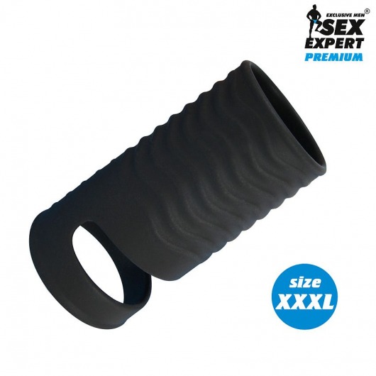 Черная открытая насадка на пенис с кольцом для мошонки XXXL-size - 9,9 см. - Sex Expert - в Рязани купить с доставкой