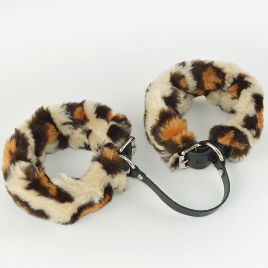 Черные кожаные оковы со съемной леопардовой опушкой - Sitabella - купить с доставкой в Рязани