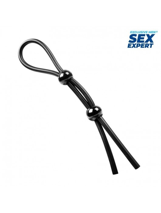 Черное силиконовое лассо с двумя шариками для утяжки - Sex Expert - в Рязани купить с доставкой
