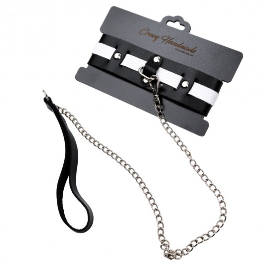 Черно-белый кожаный ошейник с поводком-цепочкой - Crazy Handmade - купить с доставкой в Рязани