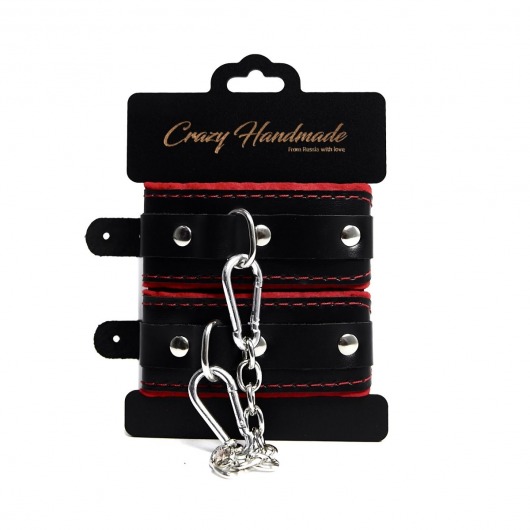 Черные наручники с красной подкладкой, строчками и скругленными ремешками - Crazy Handmade - купить с доставкой в Рязани