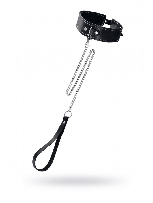 Кожаный двухслойный ошейник с белой строчкой и поводком - Pecado - купить с доставкой в Рязани