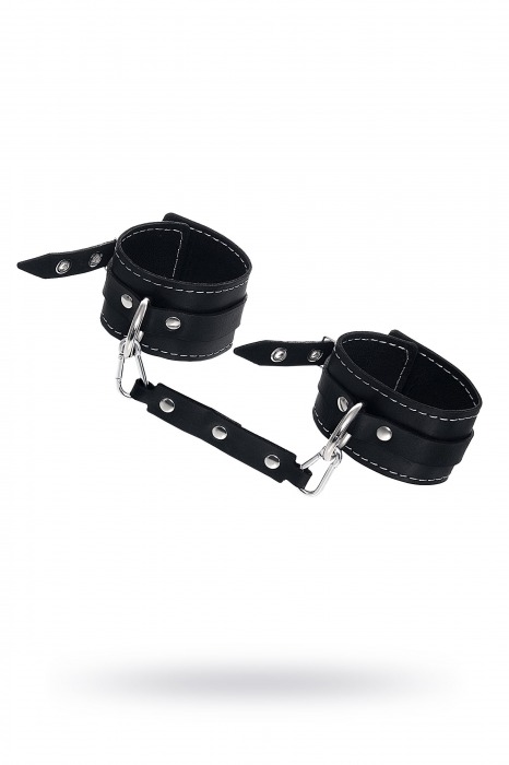 Черные двухслойные кожаные оковы с белой строчкой - Pecado - купить с доставкой в Рязани