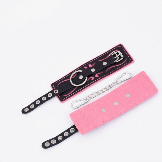 Черно-розовые кожаные наручники с розовой строчкой - Crazy Handmade - купить с доставкой в Рязани