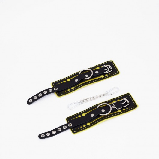 Черно-желтые кожаные наручники с жёлтой строчкой - Crazy Handmade - купить с доставкой в Рязани