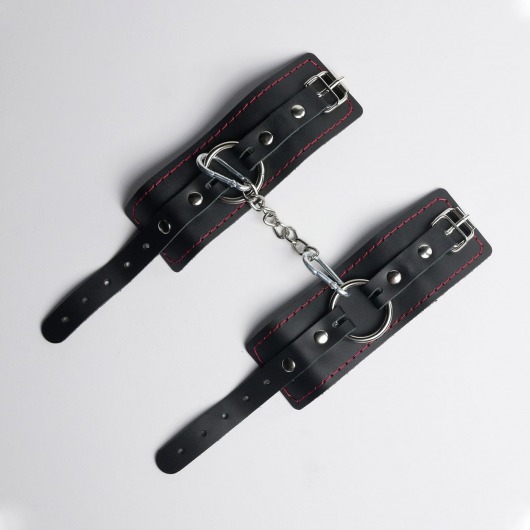 Черные кожаные наручники с красной строчкой - Crazy Handmade - купить с доставкой в Рязани
