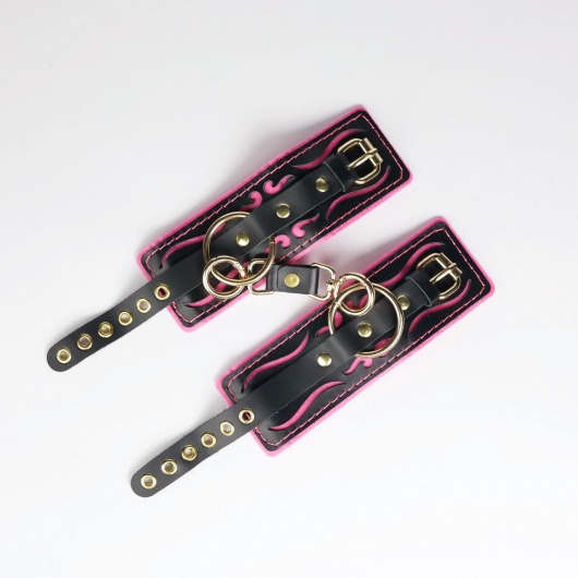 Черные кожаные наручники с розовой строчкой - Crazy Handmade - купить с доставкой в Рязани