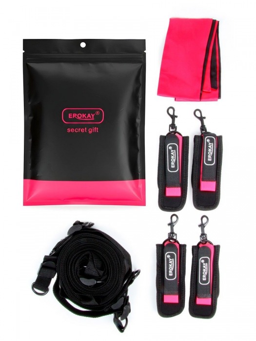 Черно-розовый эротический набор: фиксатор, оковы, наручники, повязка - Erokay - купить с доставкой в Рязани