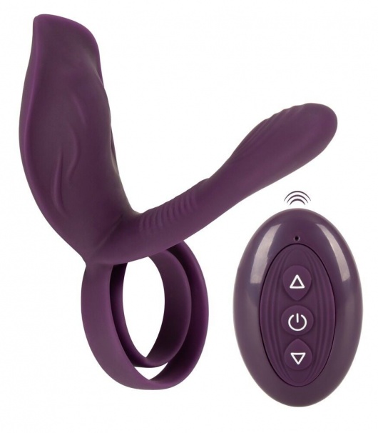 Фиолетовая насадка на член с клиторальным отростком и пультом ДУ RC Couple’s Vibrator 2 - Orion - в Рязани купить с доставкой