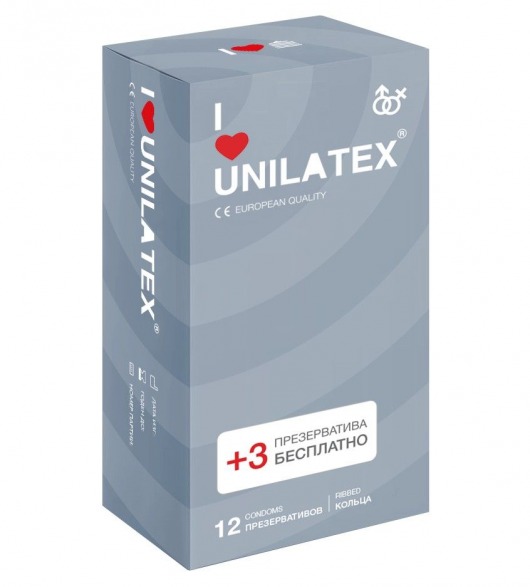 Презервативы с рёбрами Unilatex Ribbed - 12 шт. + 3 шт. в подарок - Unilatex - купить с доставкой в Рязани